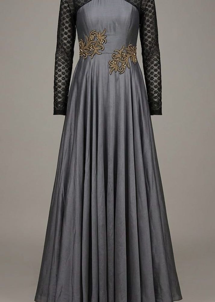 Elegant Grey &amp; Black Gown with Embellishments