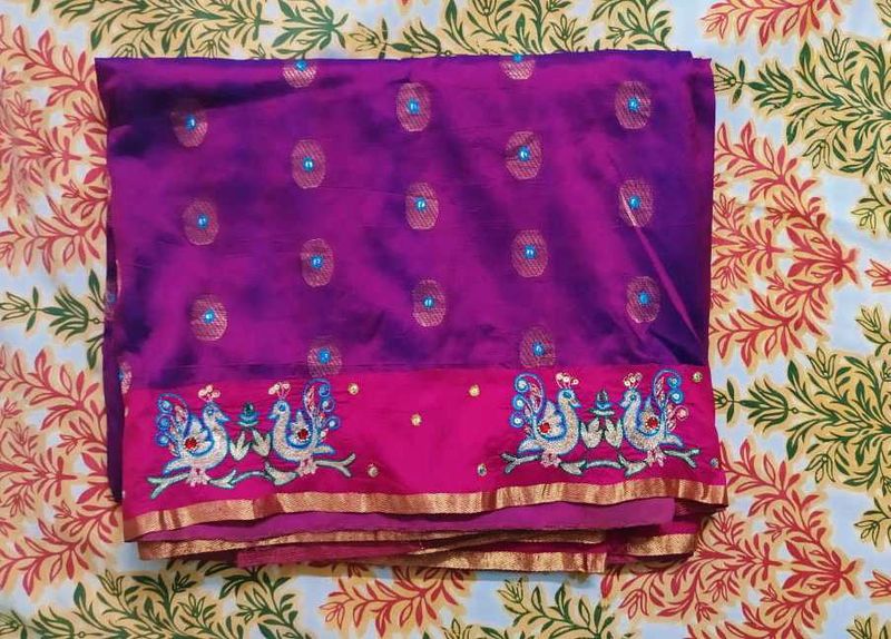 Purple Silk Saree with Peacock Embroidery