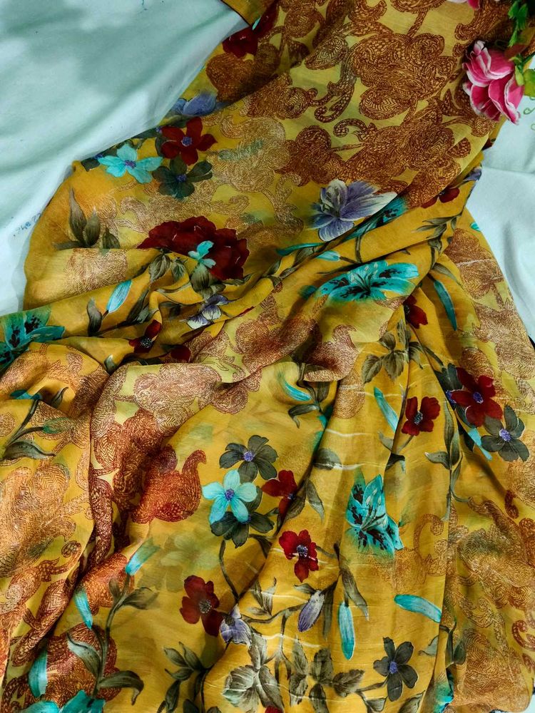 Vibrant Floral Print Yellow Saree