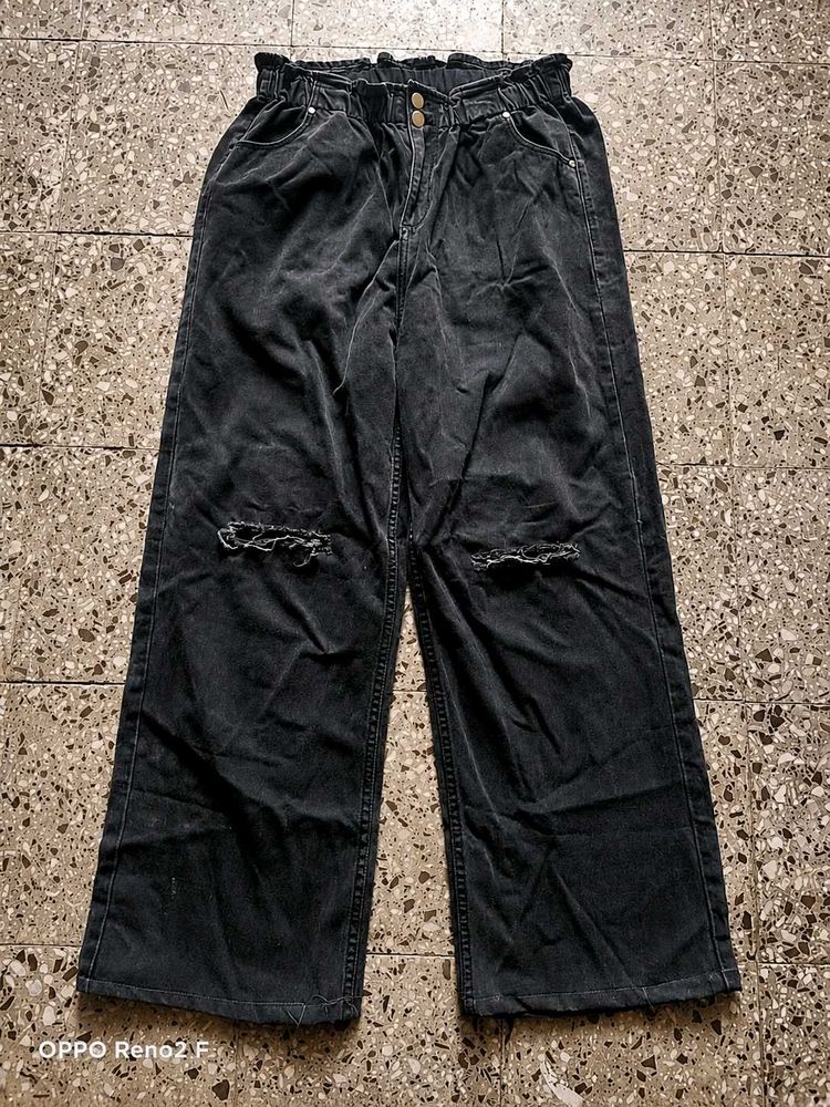 Washed Black Ripped Wide Leg Jeans