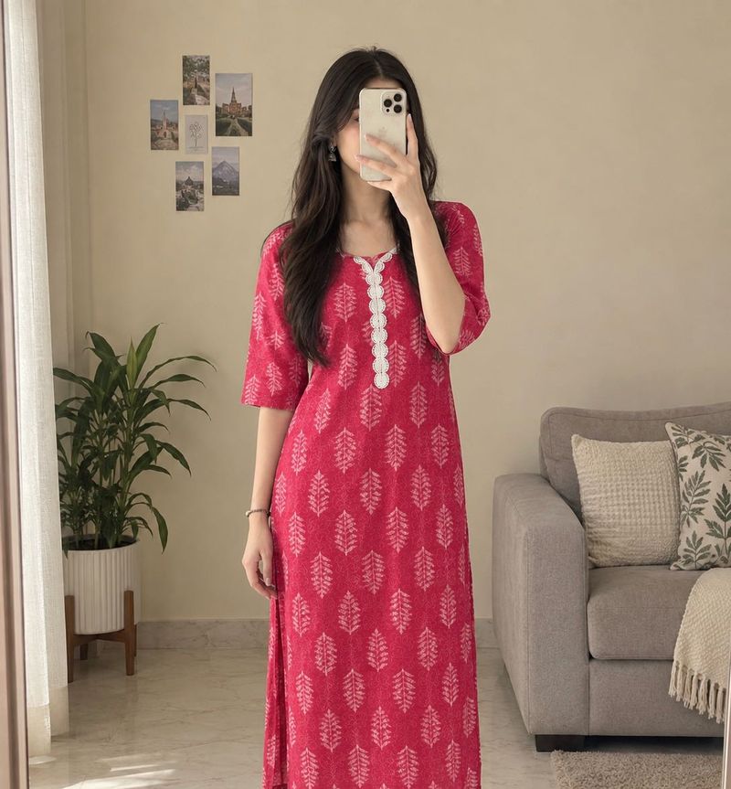 Pink Leaf Print Kurta