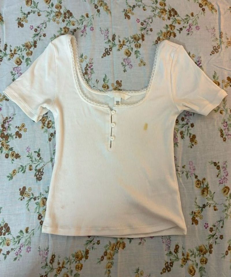 White Ribbed Square Neck Top
