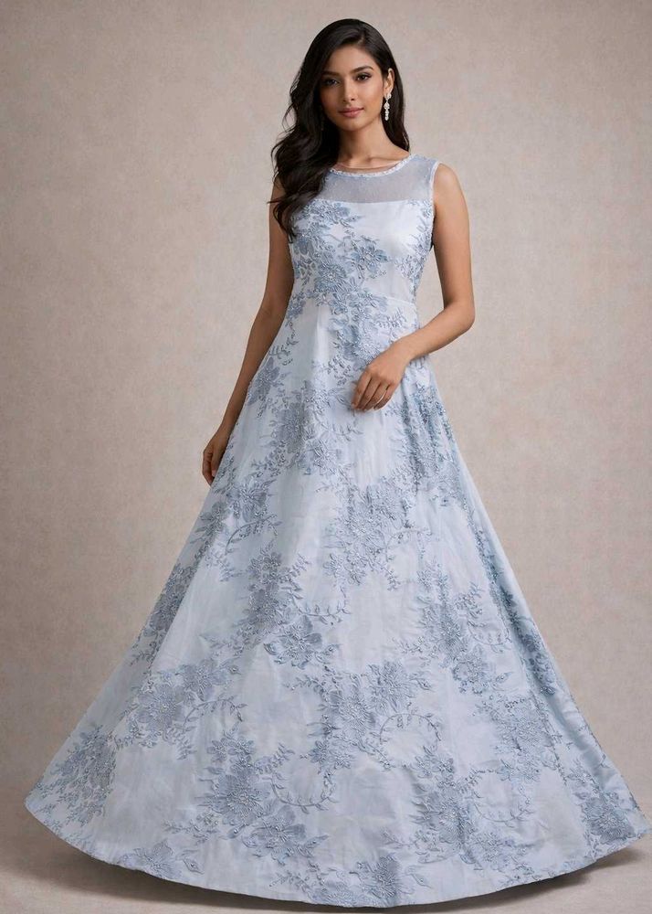 Soft pastel blue dress with elegant floral detaili