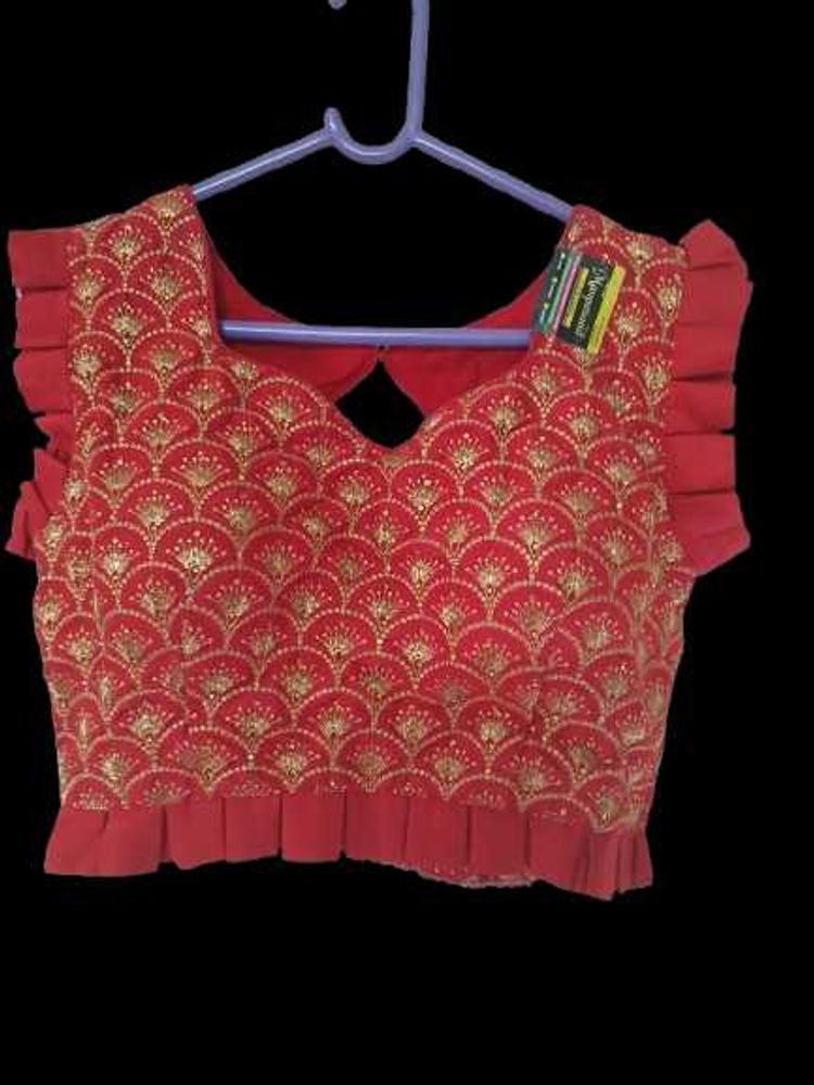 Red Embroidered Blouse with Ruffle Sleeves