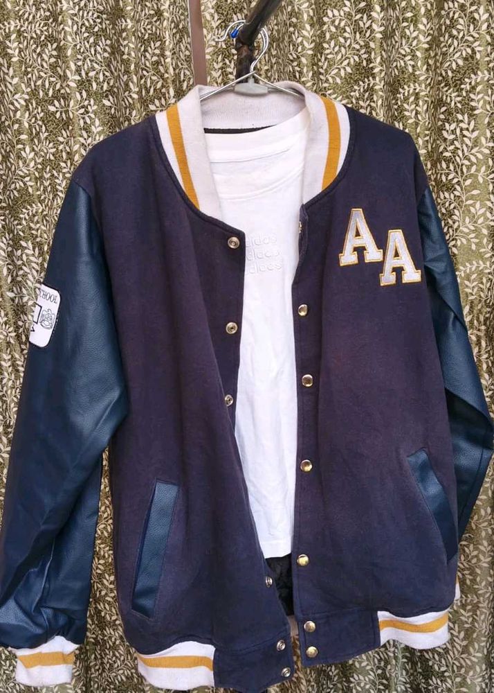 varsity with  leather sleevs