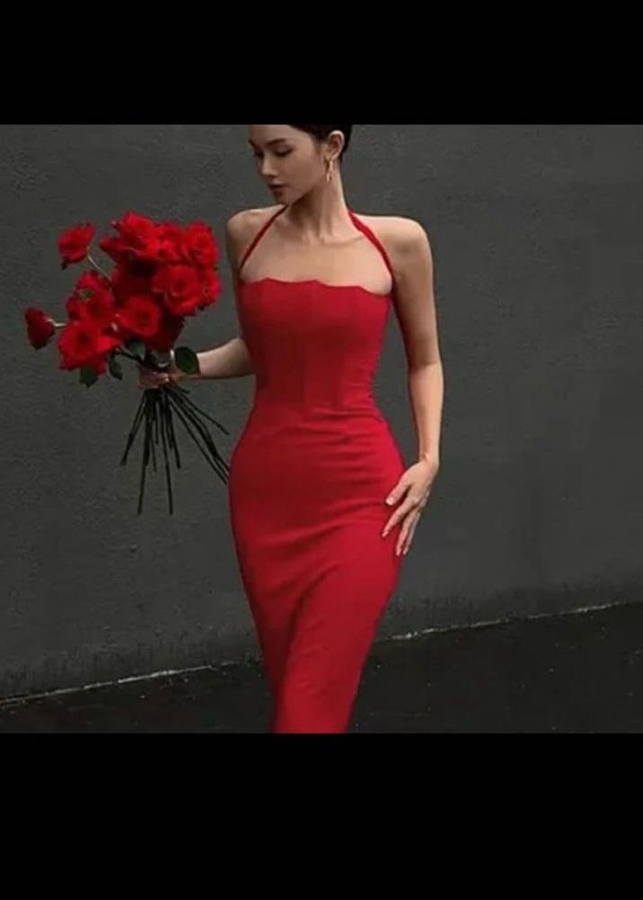 Elegant Red Halter Neck Dress