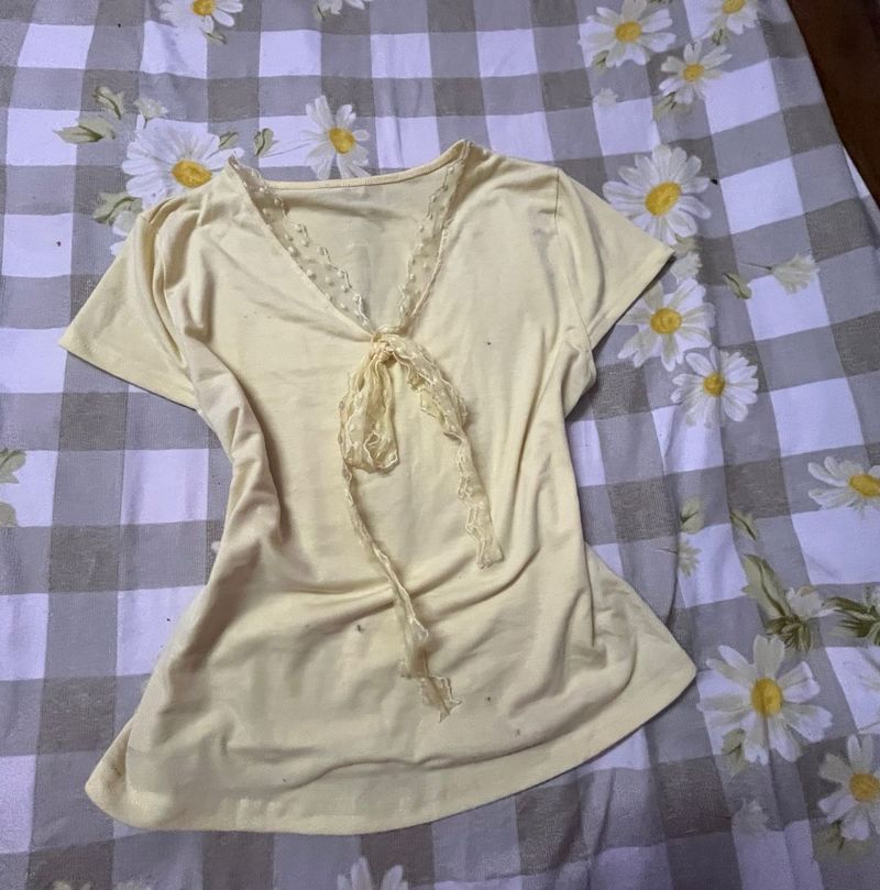 Light Yellow Lace Trim V-Neck Top