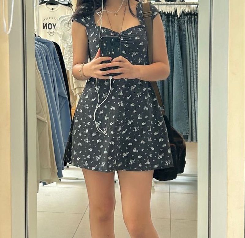 babydoll Navy Floral Smocked Puff Sleeve Dress