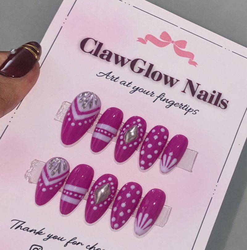 Garba Press-On Nails - Pink with White Designs