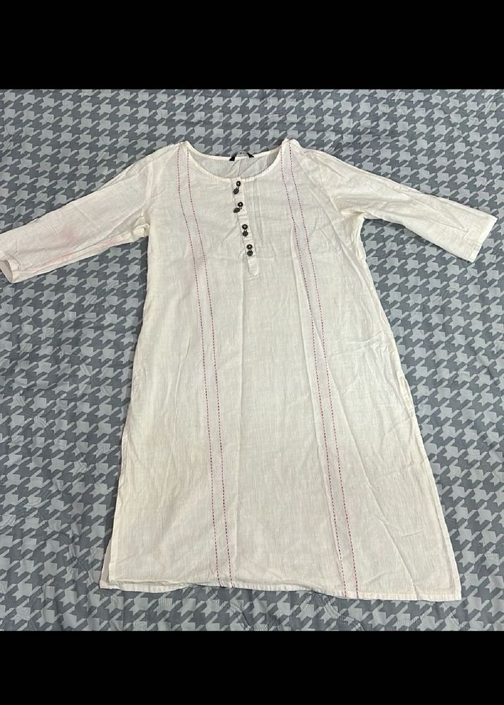 White Cotton Kurta with Red Embroidery