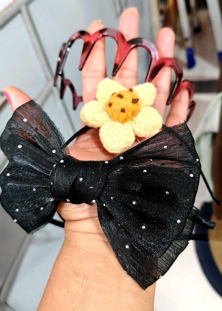 three piece combo Black Bow Hair band with Flower