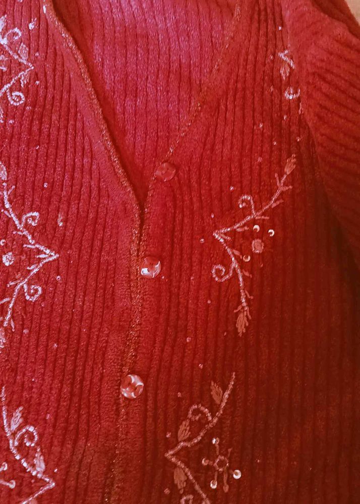 Embroidered Red Cardigan