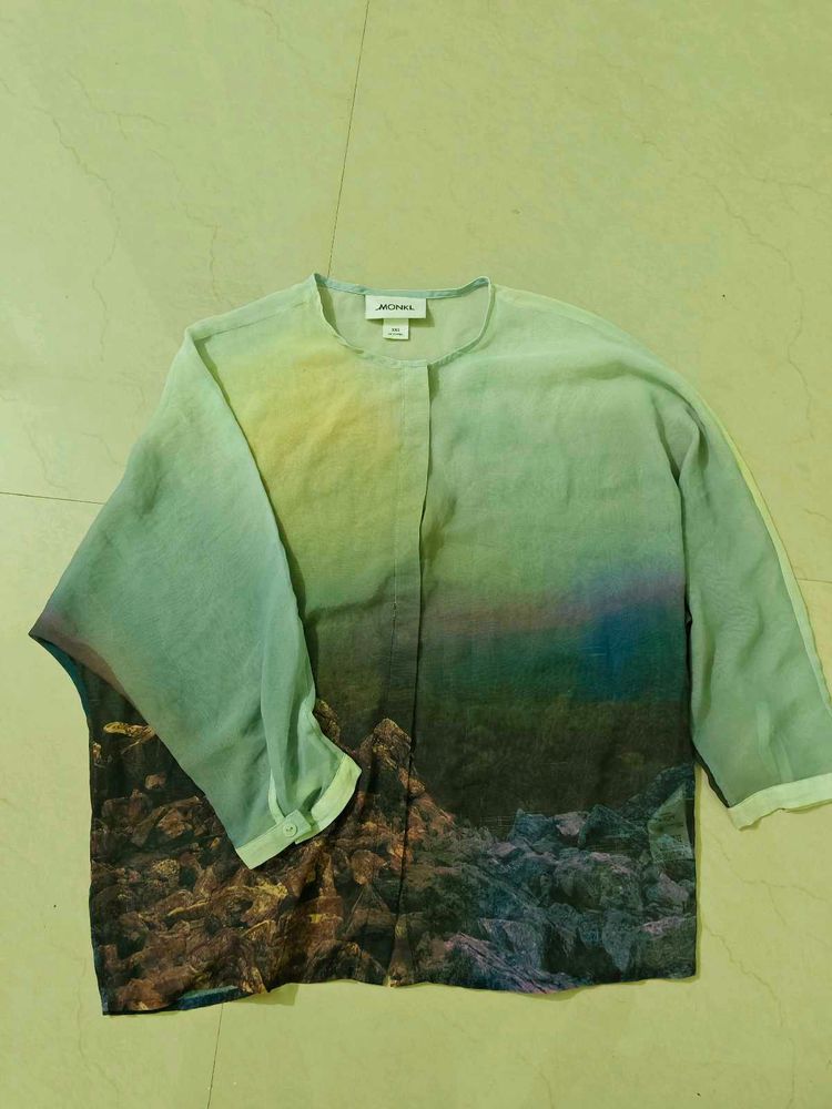 Scenic Print Button-Up Blouse