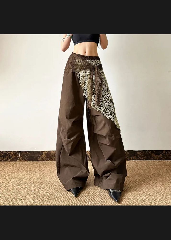 Unique Brown Wide Leg Pants with Lace Detail
