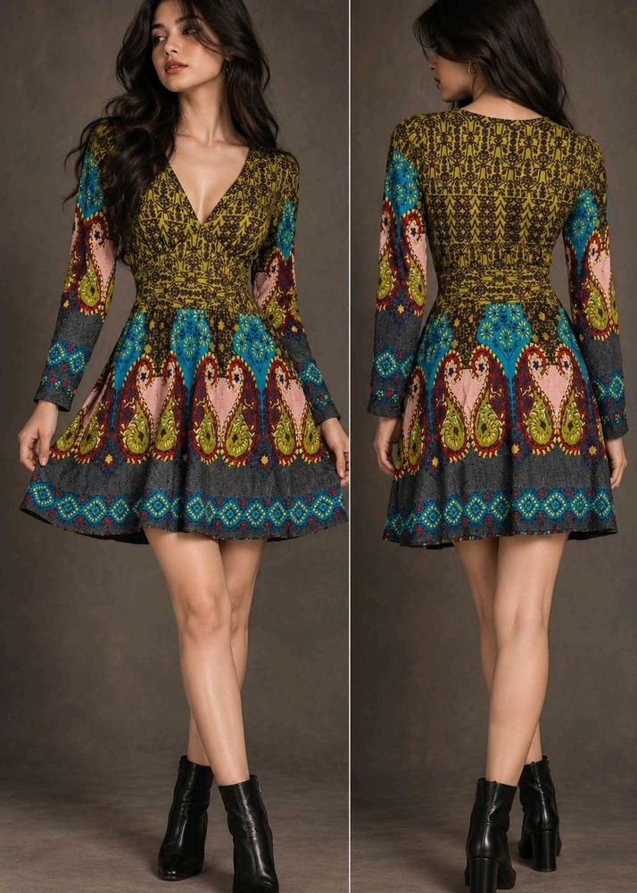 Boho Print Long Sleeve V-Neck Dress