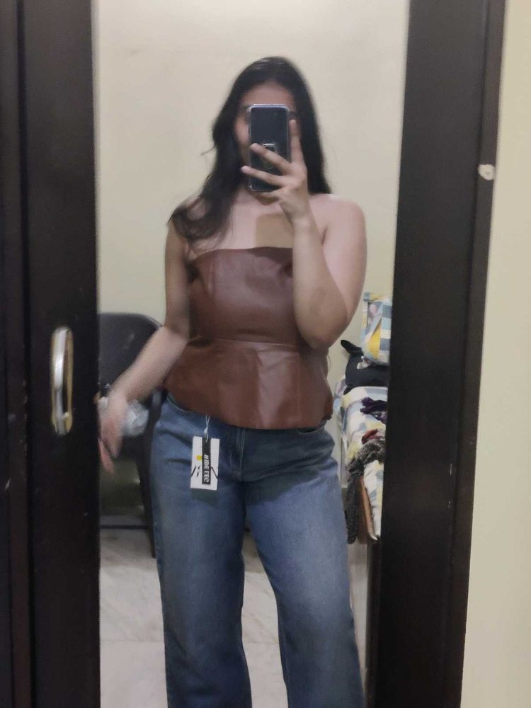 Brown Faux Leather Peplum Top