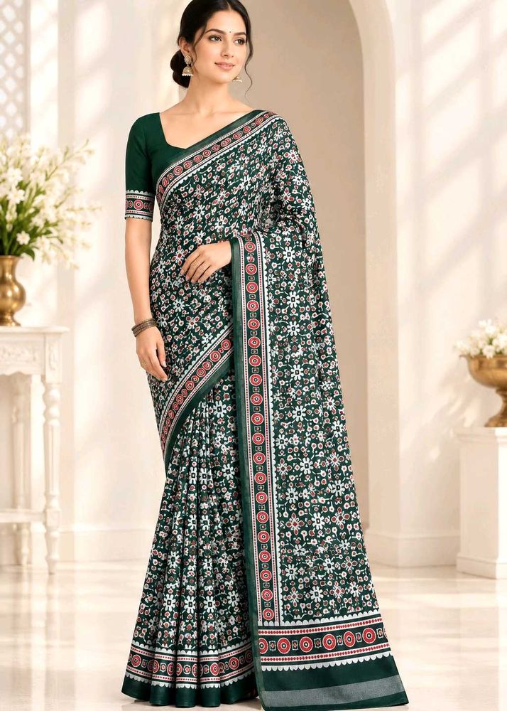 Green Saree with Red Floral Print