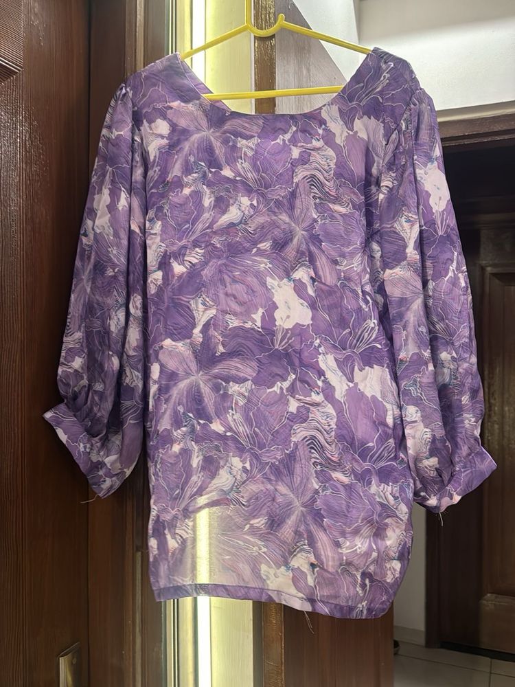 Purple Floral Print Puff Sleeve Top