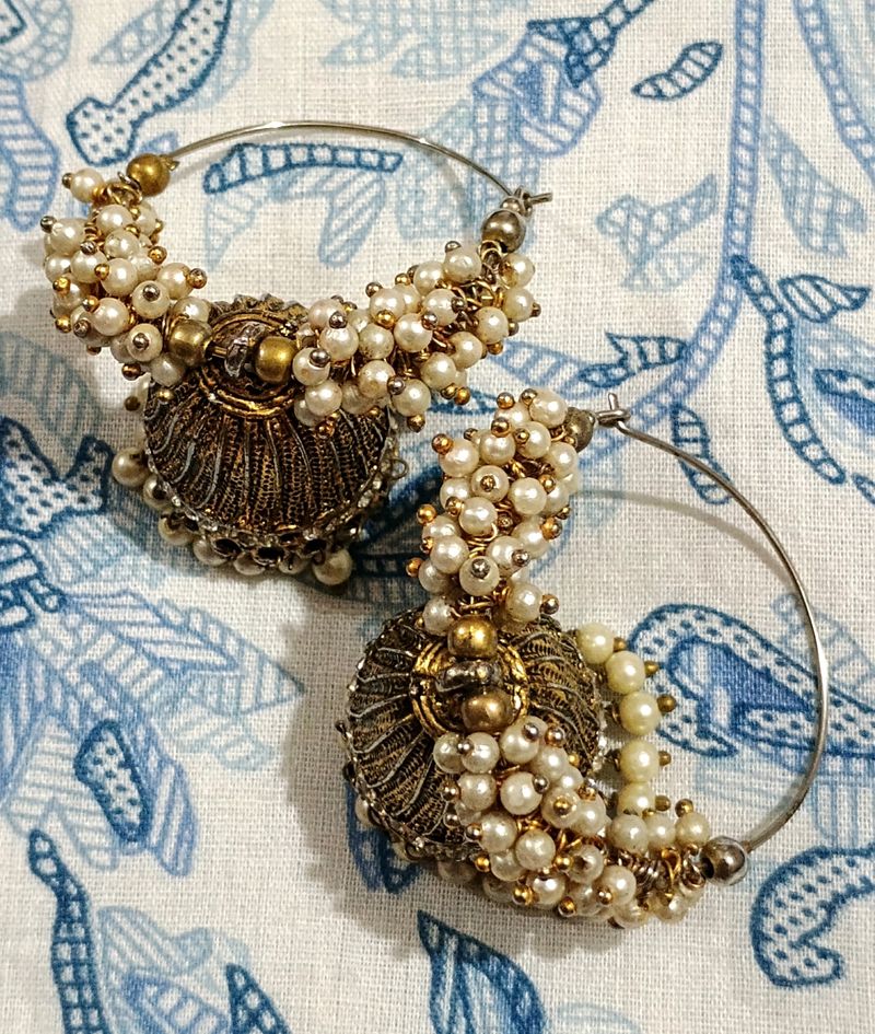 Gold-plated &amp; Pearl-studded Hoop Jhumka Earrings