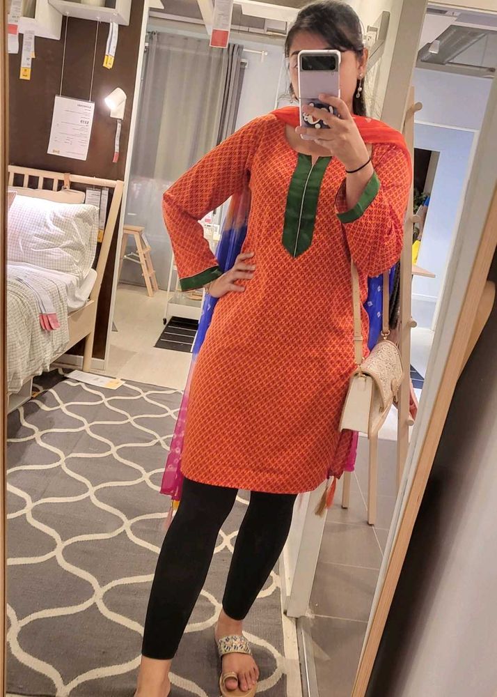 Orange Printed Kurta with Green Neckline