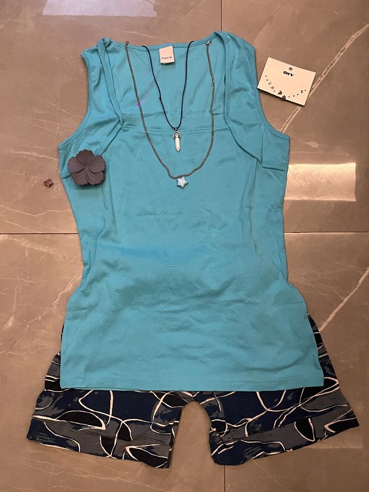 Blue Tank Top &amp; printed shorts set
