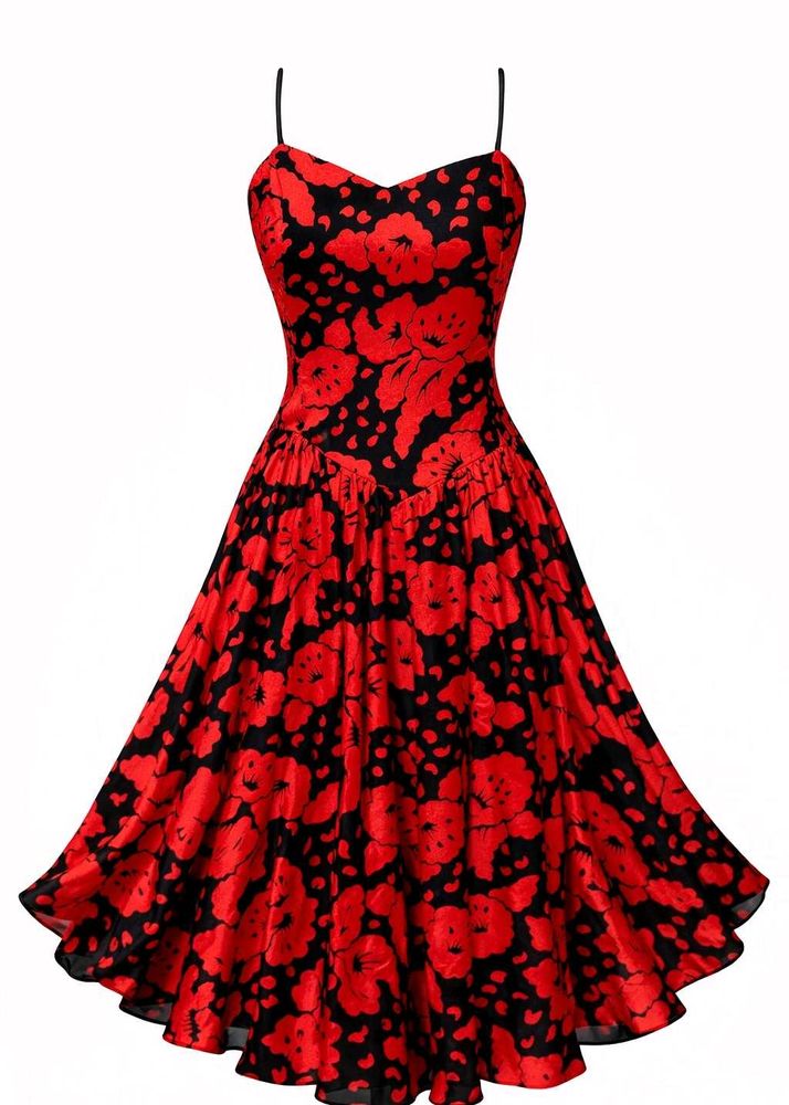 Red &amp; Black Floral Print Corset waist Dress