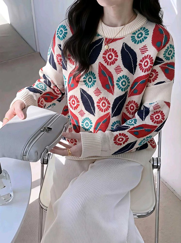 New with tag Korean Cozy Floral Print Knit Sweater