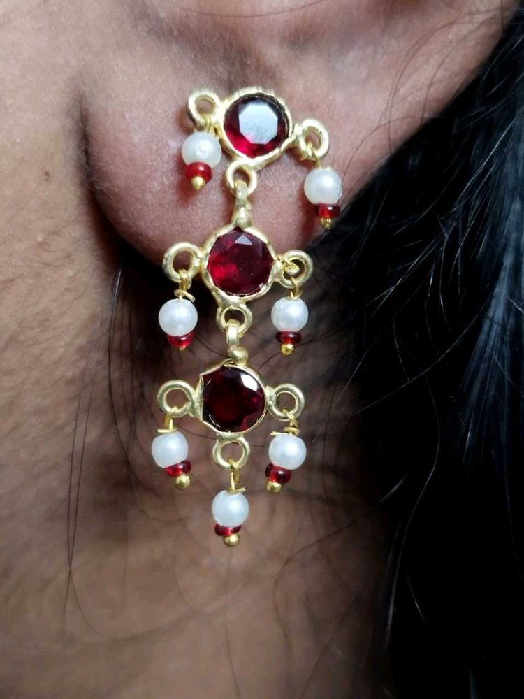 Elegant Red Gem &amp; Pearl Dangle Earrings