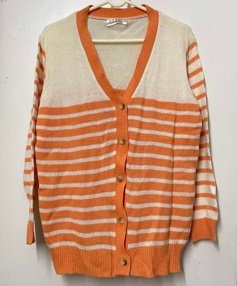 Orange &amp; White Striped Knit Cardigan