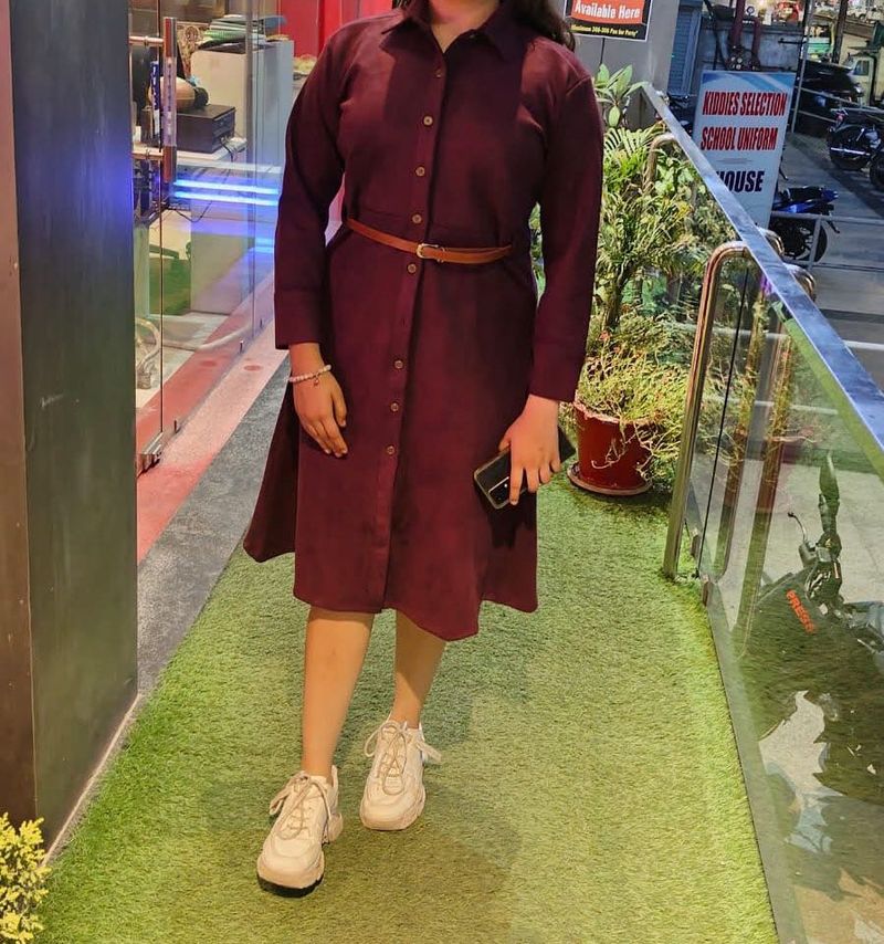 Maroon Button-Down Midi Dress with Belt