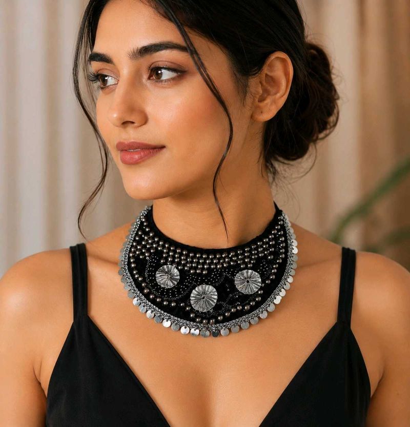 Statement Black &amp; Silver Choker Necklace