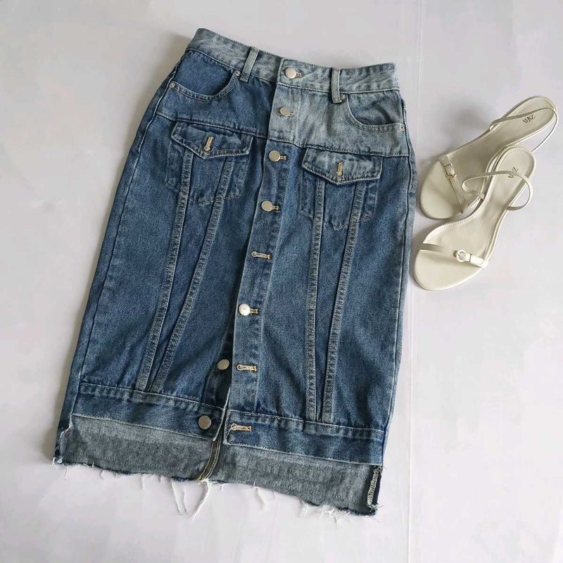 Denim Midi Skirt with Button-Up Front