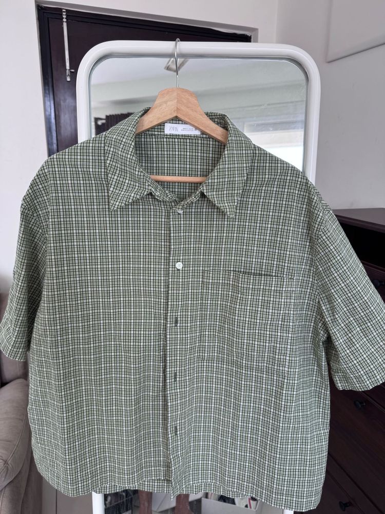 Zara Green Checkered Short Sleeve Shirt