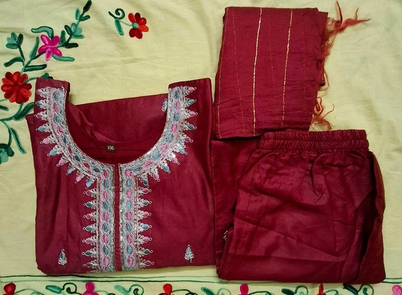 Maroon Embroidered Kurta Set with Dupatta