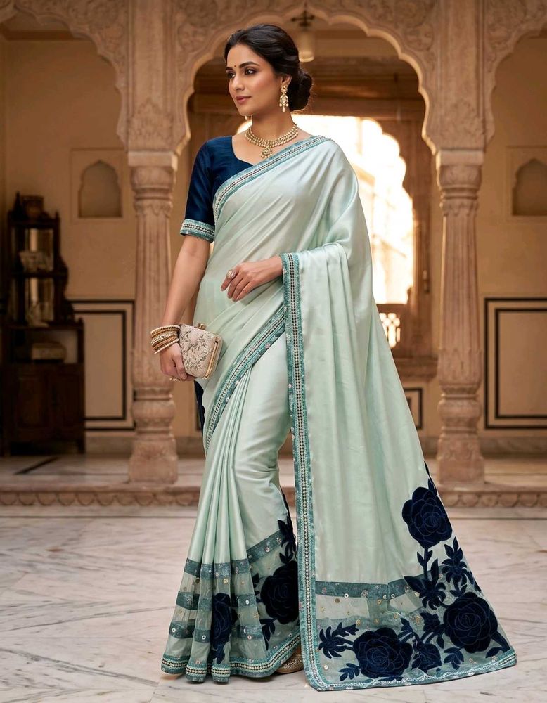 Blue Saree with Velvet Detailing | Festive Wear