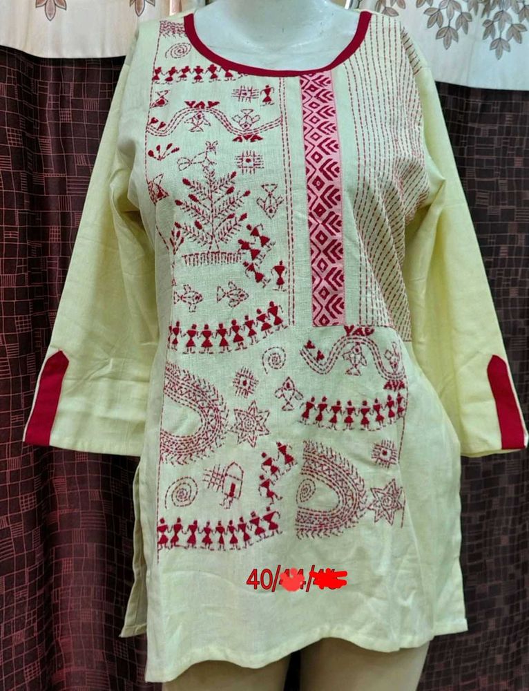 New Yellow tops with Red Folk hand Embroidery