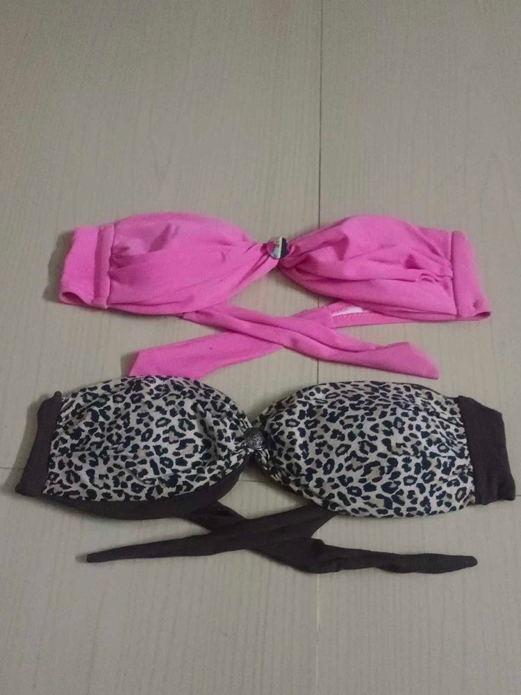 Strapless Bikini Set - Pink &amp; Leopard Print