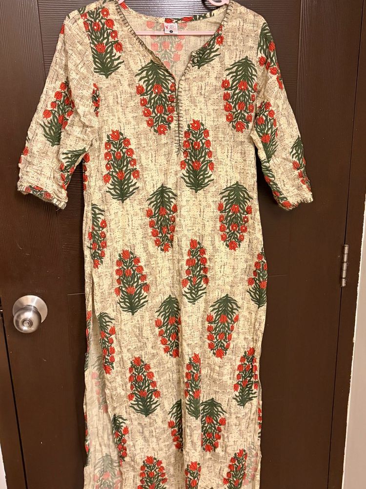 Cream Kurta with Red Floral Print