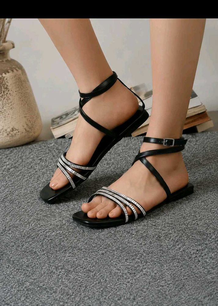 Sparkling Black Ankle Strap Sandals