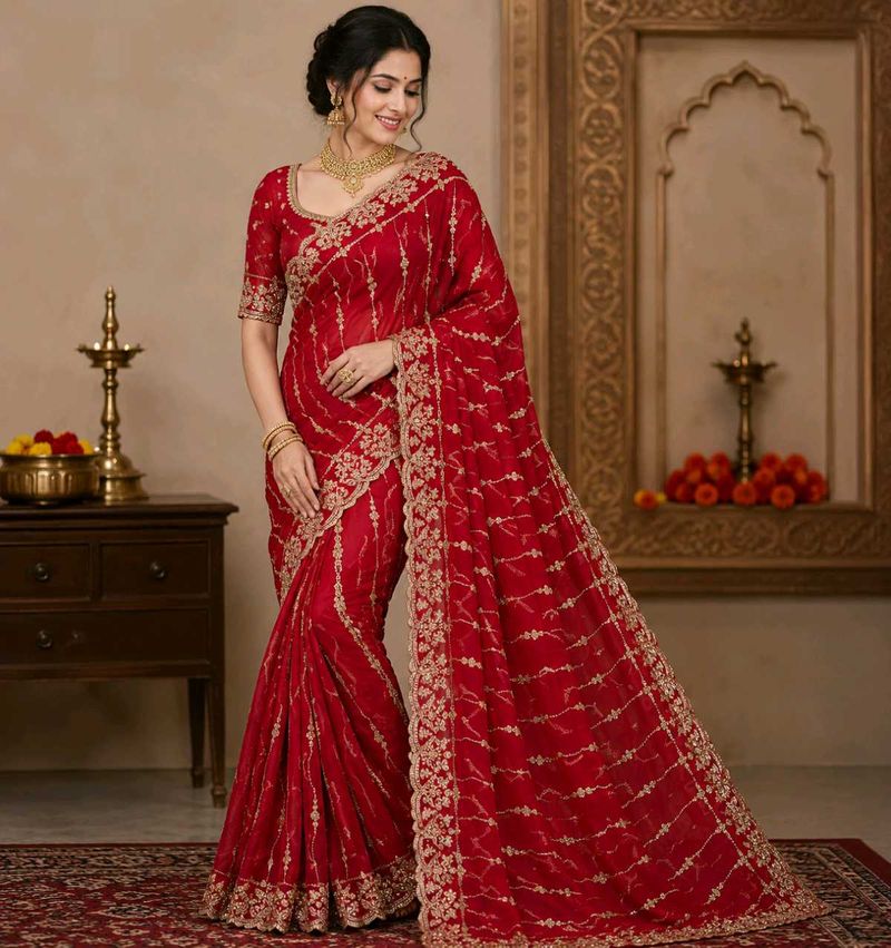Stunning Red Embroidered Saree