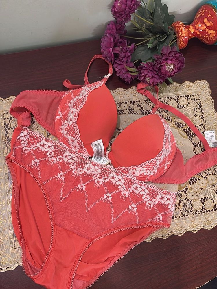 Coral Lace Bra and Panty Set