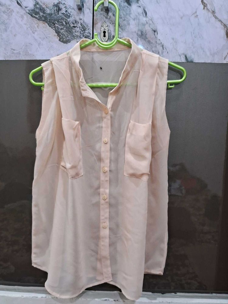 Sheer Sleeveless Button-Up Top