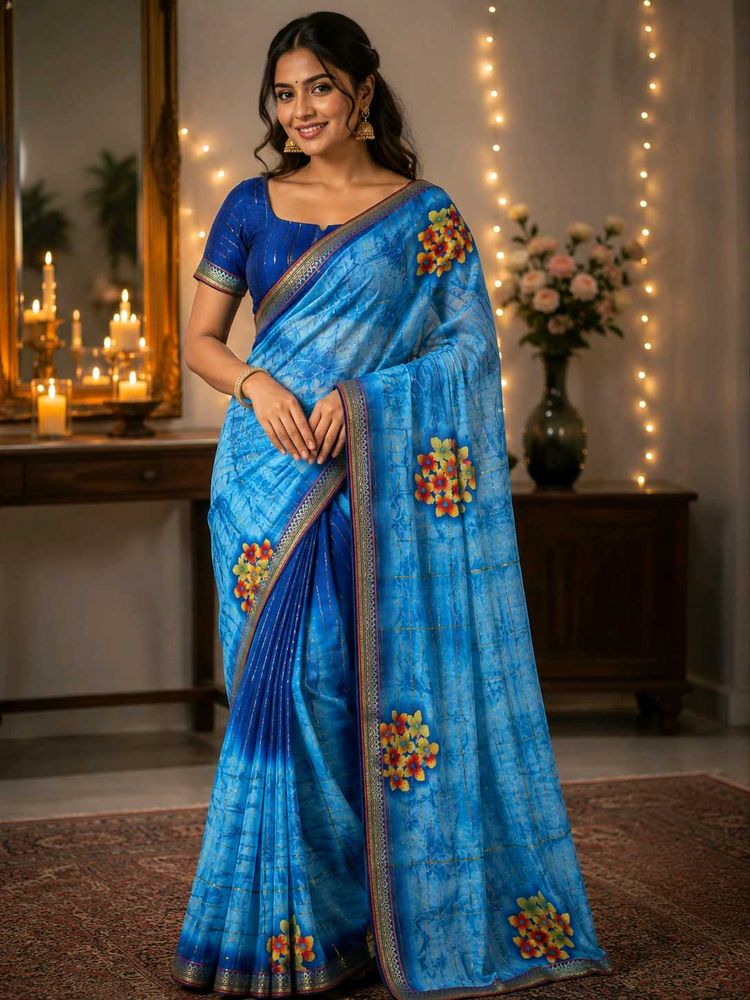 Beautiful Blue Floral Print Saree
