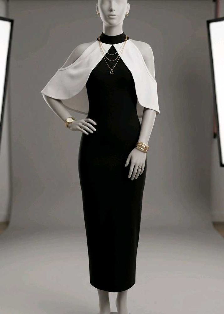 Chic Black &amp; White Cold-Shoulder Halter Bodycon