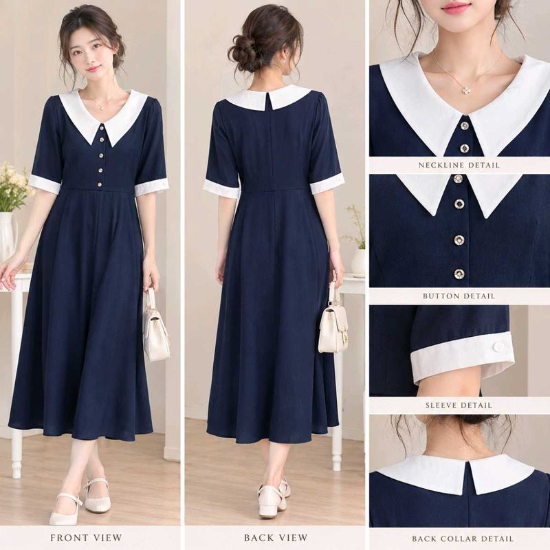 Classic Navy Blue Dress with White Collar
