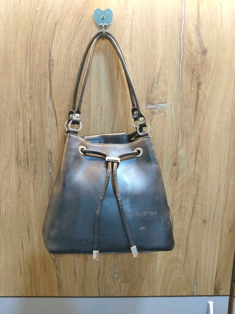 Lancaster Black Leather Drawstring Bucket Bag