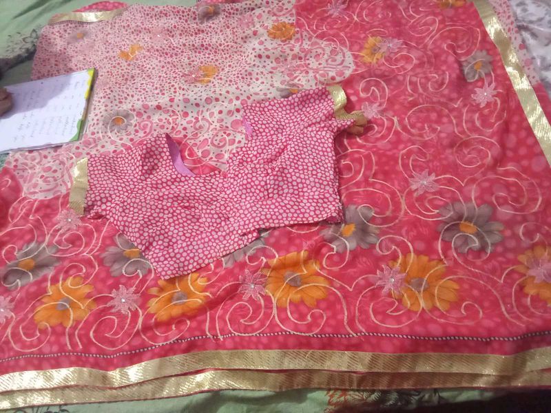 Beautiful Pink Floral Saree with Blouse