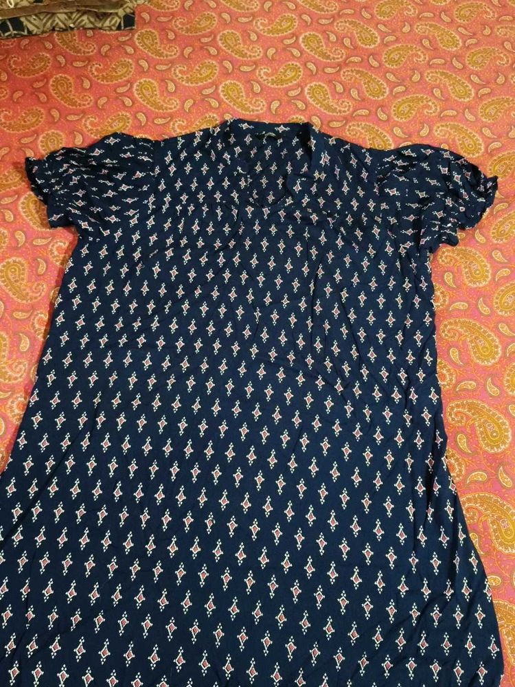 Navy Blue Printed Puff Sleeve Tunic