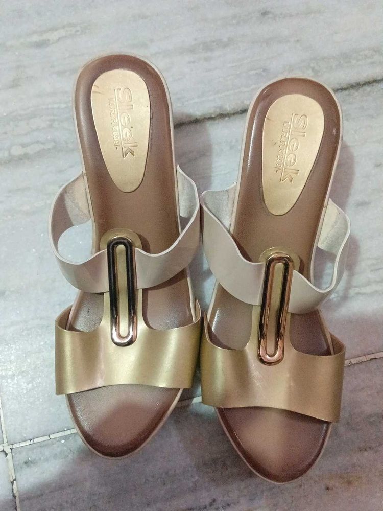 Stylish Beige and Gold Wedge Sandals