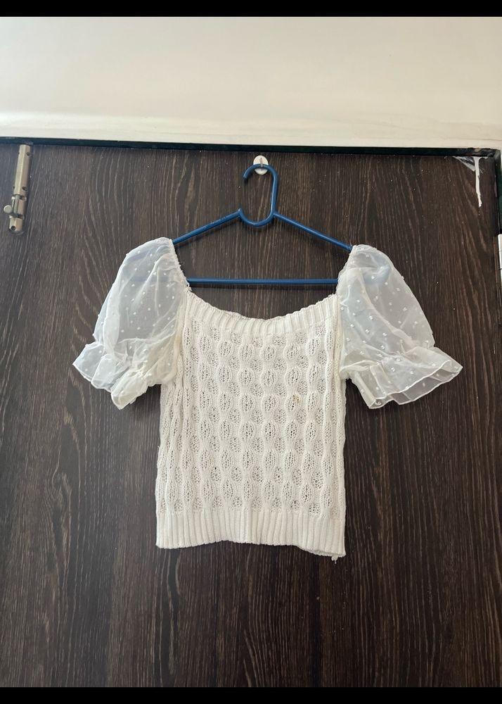 Sheer Puff Sleeve Knit Top